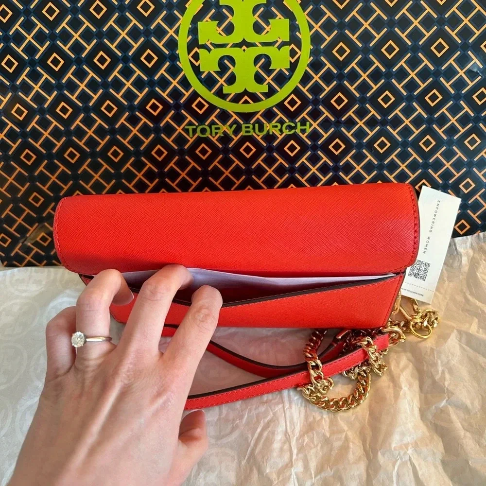 Tory Burch Emerson Chain Wallet Crossbody Bag Bright Samba Gold Red - Picture 11 of 14